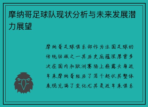 摩纳哥足球队现状分析与未来发展潜力展望