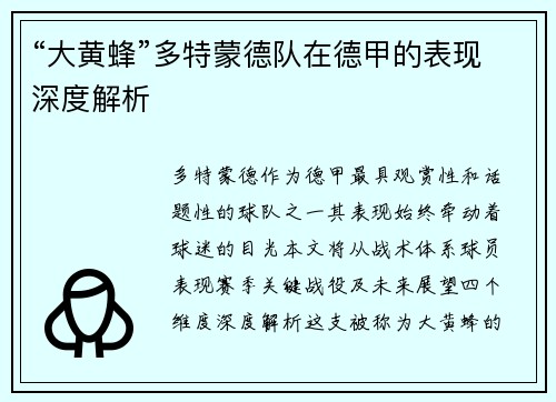 “大黄蜂”多特蒙德队在德甲的表现深度解析