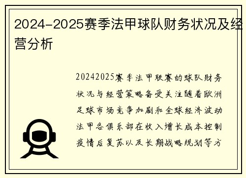 2024-2025赛季法甲球队财务状况及经营分析